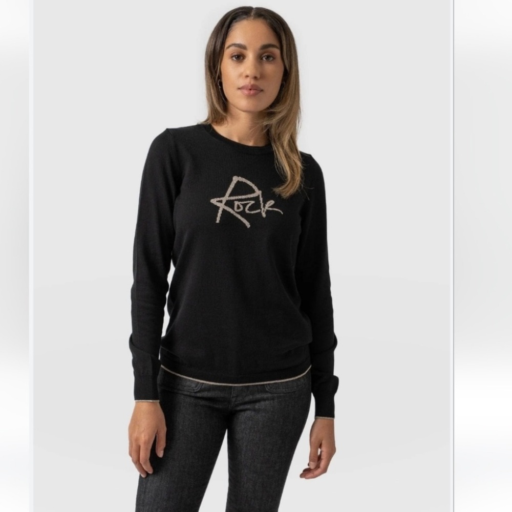 NWT Saint + Sofia Rock Intarsia Jumper Sweater Black 100% Cotton sz S small